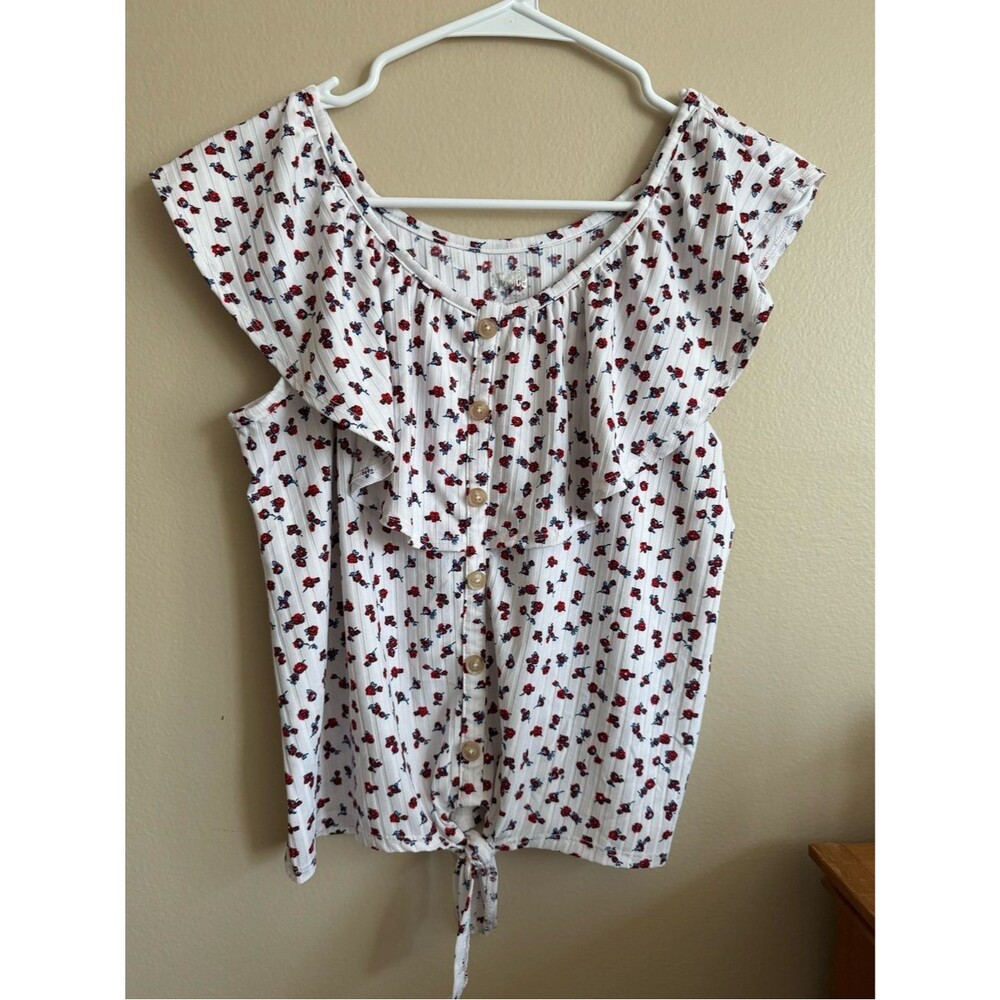 Justice Floral Tie Front Blouse Girls XL 16/18 White Ribbed Flutter Sleeve Top